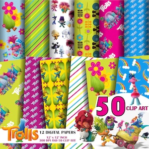 Trolls inspiriertes digitales Papier Set - Regenbogen Trolls Set - Instant Download-Trolls Digital Paper, Kit, Trolls Cute. Clip-Arts, Schnittmuster.