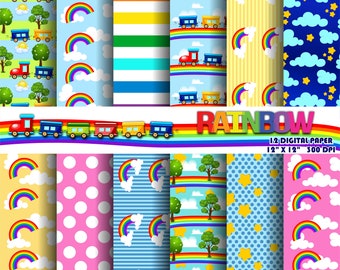 Rainbow Digital Paper, Bright Bold Colour Papers, scrapbook. Pattern, Colorful Background Graphic, Digital Craft, Commercial Use