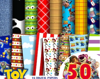 May include: A digital paper pack with 16 different designs featuring characters from the Toy Story movie franchise. The designs include a denim pattern, a cow print, a green alien pattern, a red and white checked pattern, a wood grain pattern, a blue pattern with Woody and Buzz Lightyear, a yellow checked pattern, a space pattern, a red and white striped pattern, a blue pattern with clouds, a white pattern with stars, a red and white striped pattern with Woody, a blue pattern with aliens, a blue pattern with Woody and Buzz Lightyear, a purple and green striped pattern, and a green and white striped pattern. The pack also includes 50 clip art images.