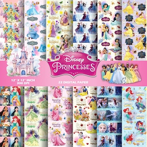 Digital Papers, Princess, Belle, Ariel, Elza, Anna, Snow White, Aurora, Jasmine  Princess, Background, Birthday, Clipart, Papers for Kids.