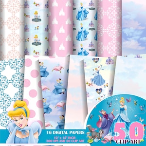 May include: A set of 16 digital papers and 50 clip art images featuring Cinderella, her prince, and other characters from the Disney movie. The papers are 12 inches by 12 inches and 300 DPI. The papers feature a variety of patterns, including polka dots, damask, and clouds.
