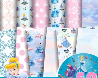 Puede incluir: Un conjunto de 16 papeles digitales y 50 imágenes de arte digital con Cenicienta, su príncipe y otros personajes de la película de Disney. Los papeles son de 30,5 cm por 30,5 cm y 300 DPI. Los papeles presentan una variedad de patrones, incluyendo lunares, damasco y nubes.