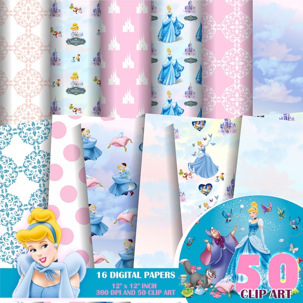 Cinderella Princess, Cinderella, Jasmine, Ariel, Aurora - Digital Paper, Cinderella decoration, Cinderella background, Cinderella party PNG