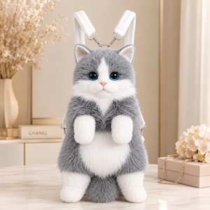 Puede incluir: Una mochila de peluche con forma de gato gris y blanco con grandes ojos azules. El gato tiene la espalda y la cabeza grises con la cara, el pecho y las patas blancas. Cuenta con dos correas blancas ajustables para los hombros con herrajes de metal plateado.