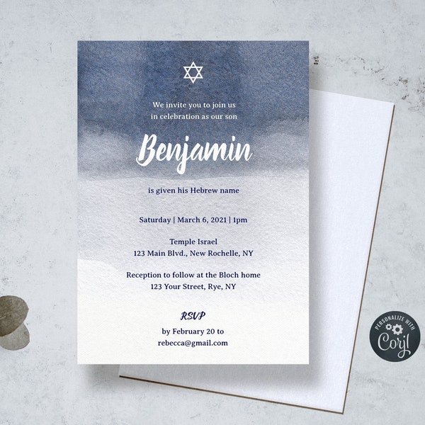 Baby Naming Invitation | Hebrew Baby Naming Ceremony | Watercolor Navy Wash | Modern | Gender Neutral