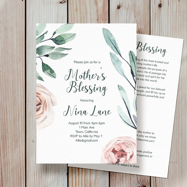 Mother's Blessing Invitation, Roses and Green Sprigs, Watercolor Art, Blessingway, Boho Baby Shower, Printable invitation, MB01