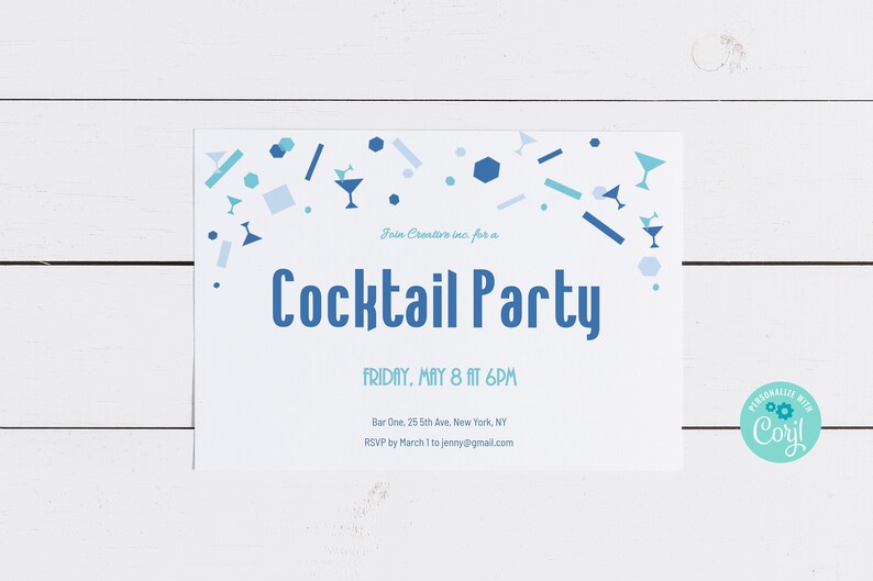 Cocktail Party Invitation Blue Confetti and Martini Glasses