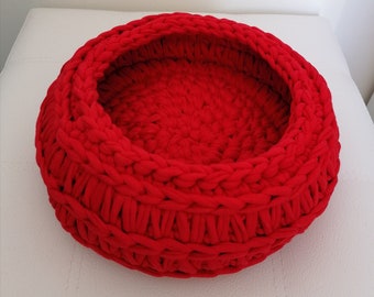 corbeille basse ronde au crochet, vide poches en trapilho