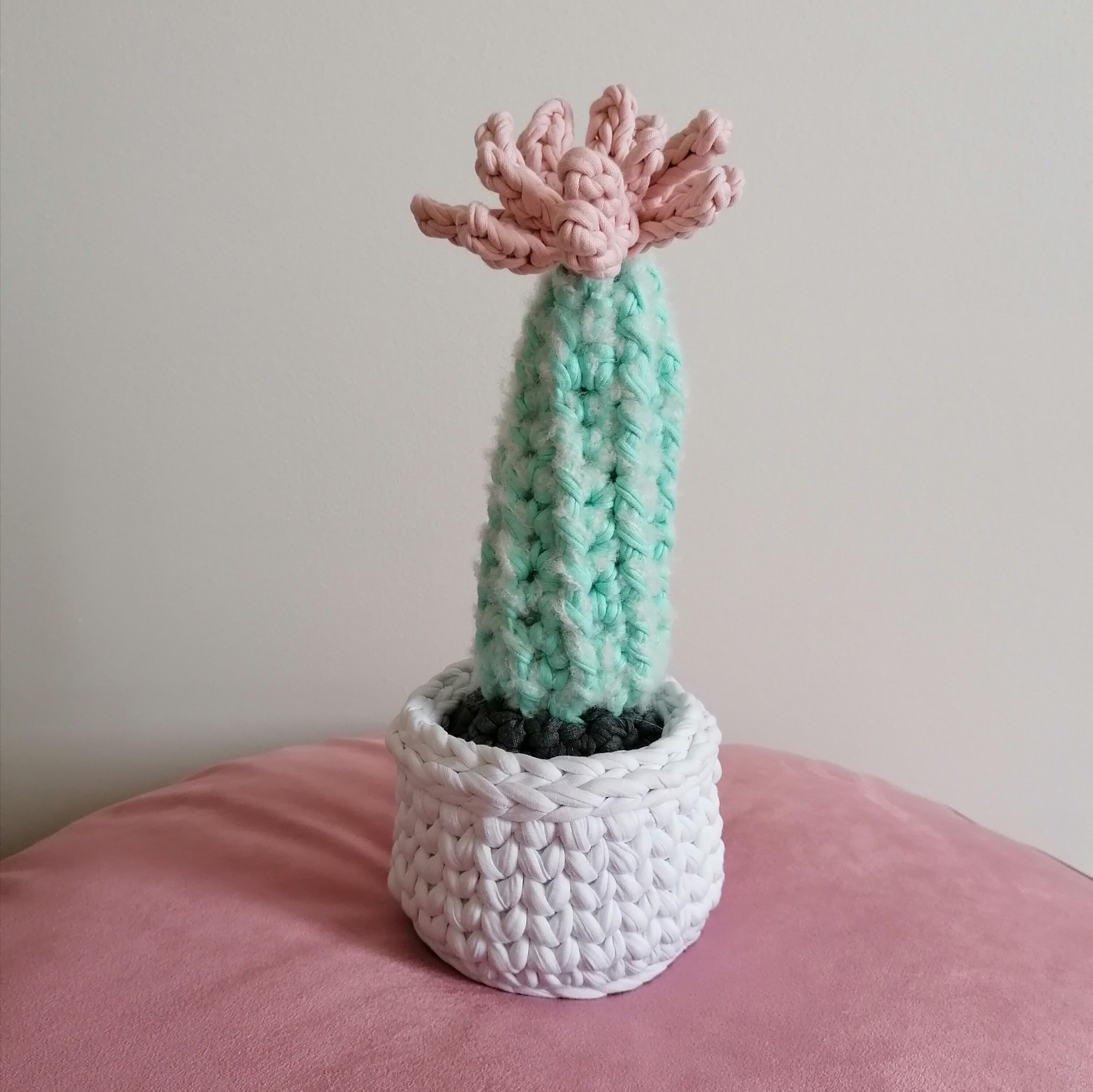 Cactus Cierge , Fleur Rose, Au Crochet 28 cm de Hauteur