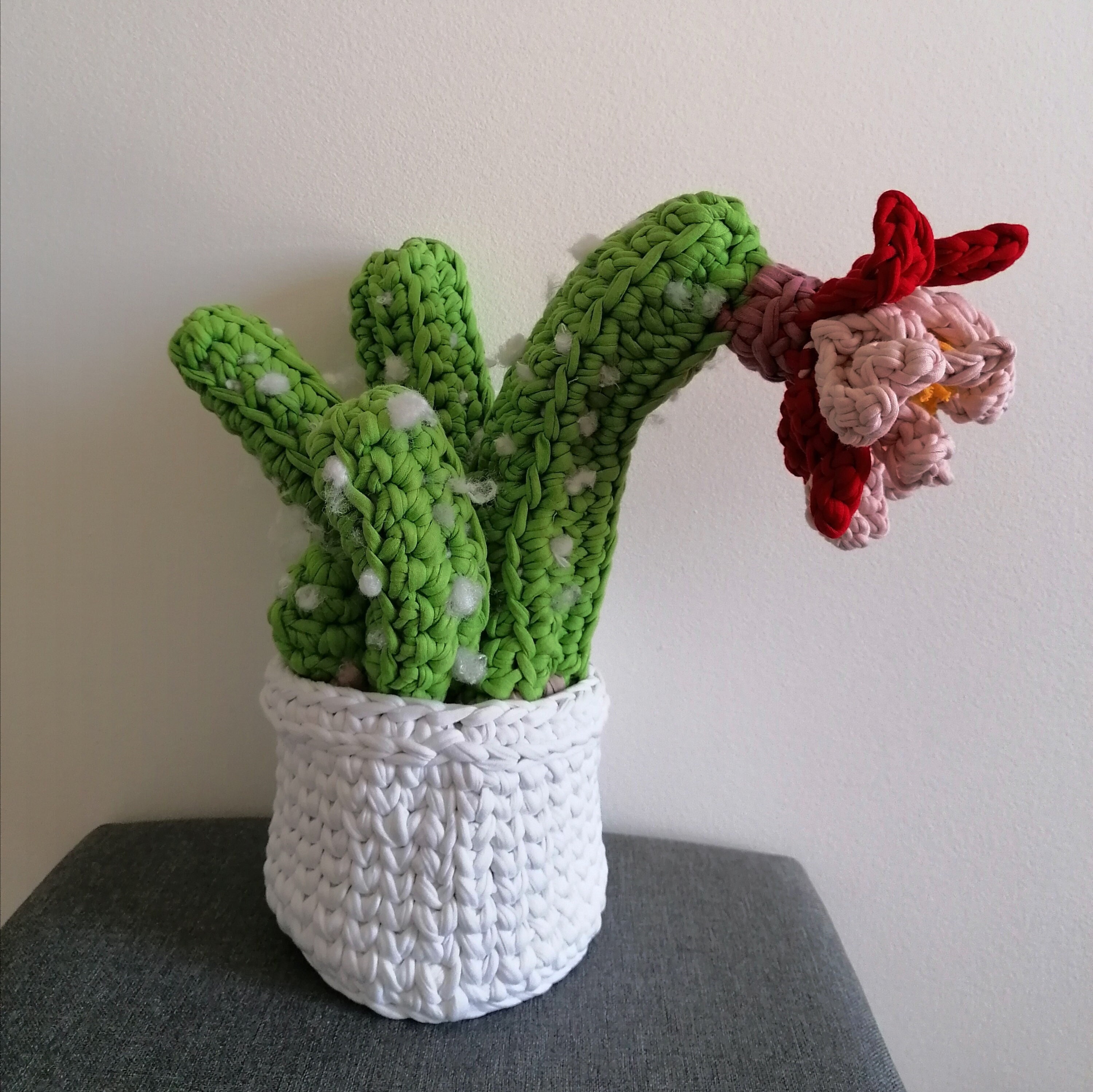 Cactus 5 Branches , Grosse Fleur Rose Bicolore Au Crochet