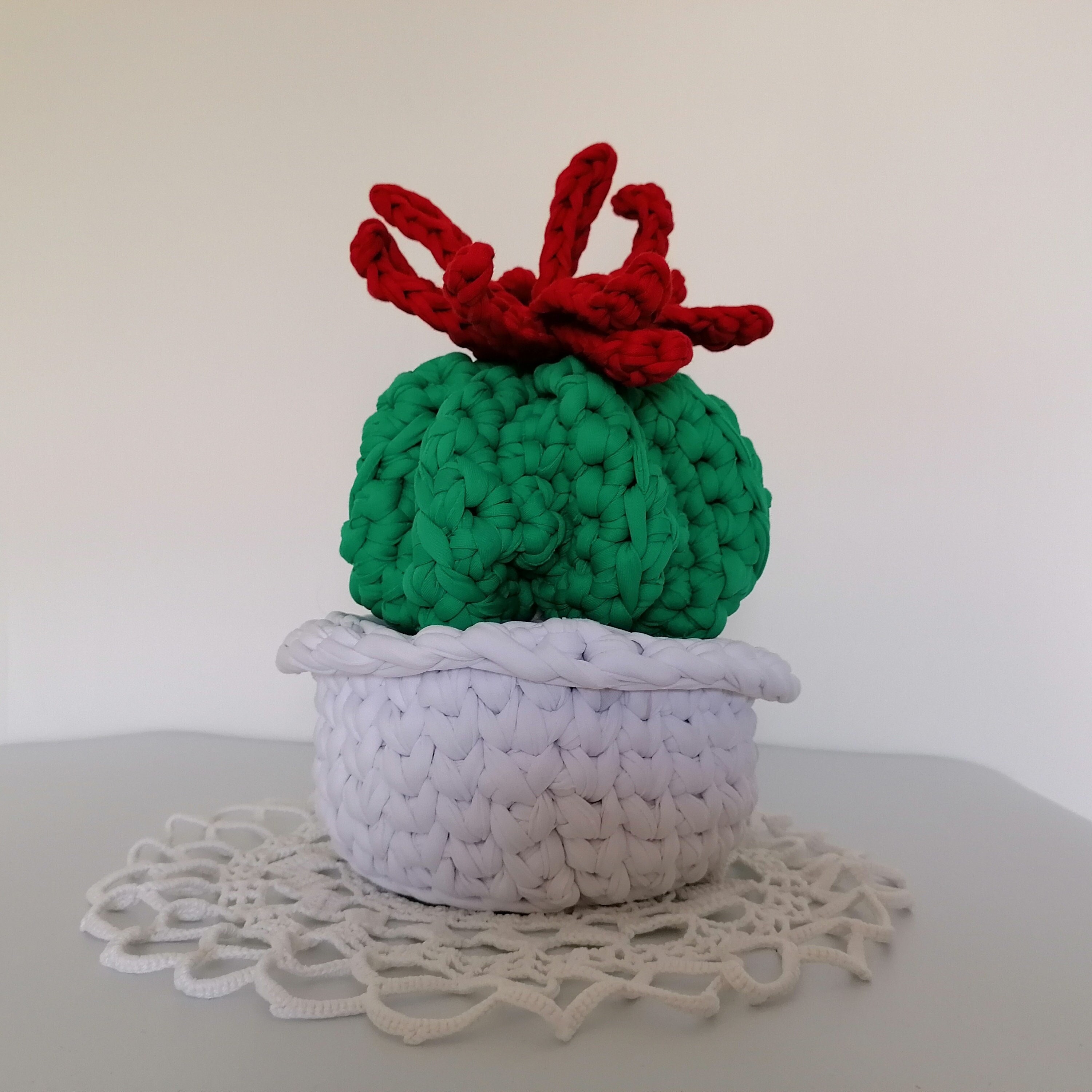 Gros Cactus Rond avec Fleur Rouge Au Crochet