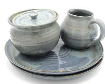 Blue-Gray Set of Two Plates with Lidded Jar & Small Pitcher