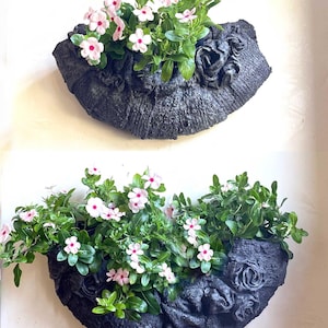 May include: Two dark gray, semi-circular planters with textured surfaces, each filled with vibrant green foliage and delicate pink flowers. The planters have a sculpted rose design and are mounted on a white wall.