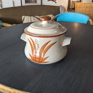 May include: A white ceramic casserole dish with a brown floral design and two handles. The dish has a lid with a knob on top.