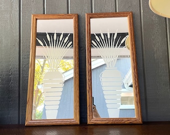 Vintage 70’s Set Of Two Etched Glass Mirrors Cattails in Honeycomb Vases / Free US Shipping