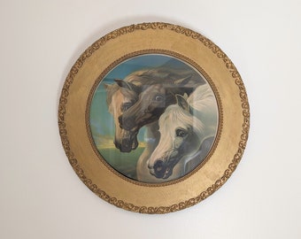 Antique Serigragh of Pharaohs Horses Print in Original Round Wood Frame / Free US Shipping