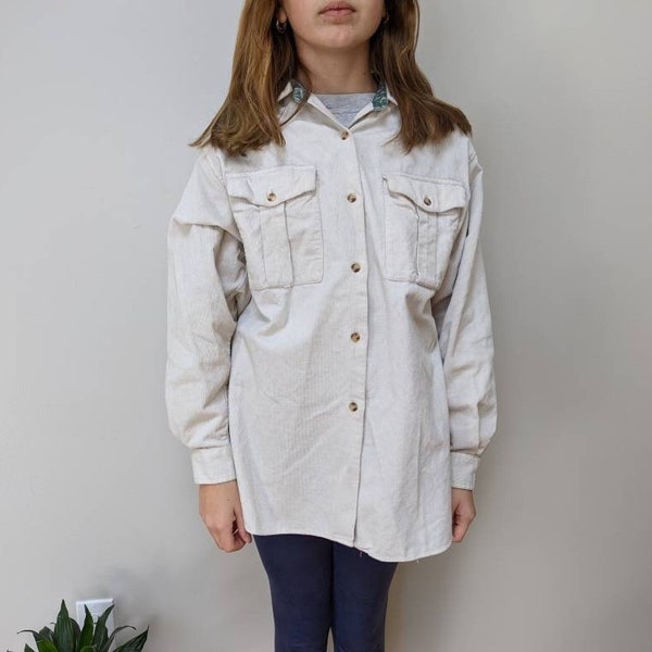 Vintage Women's Cream Corduroy Button Down Long Sleeve Shirt / Androgynous Fashion / Free US Shipping