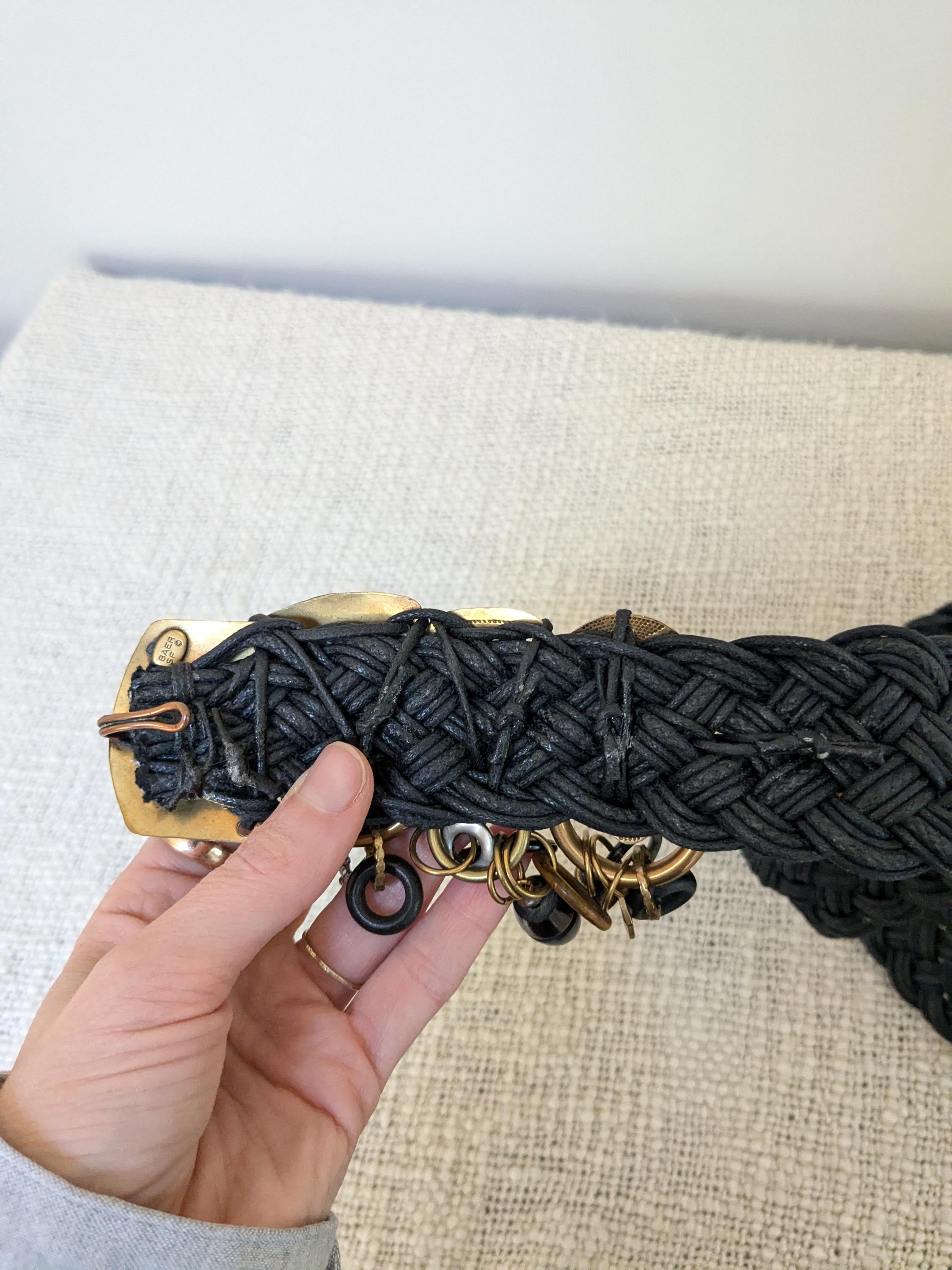Vintage BAER SF Hammered Mixed Metal Boho Bohemian Woven Braided Belt One Size Vintage Baer SF Belt, Braided, Carved Bone and Hammered  main image 2