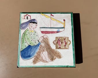 Vintage Hand Painted Italian Tile in Brass Display / Free US Shipping