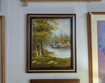 Vintage Framed Oil Painting: Serene River Landscape with Boats, Signed Art