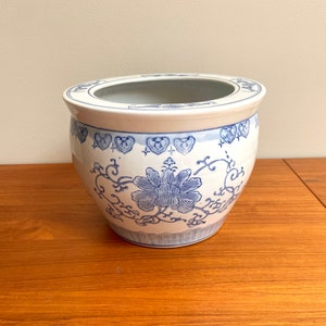 Vintage Blue & White Porcelain Fishbowl Planter / Chinoiserie Planter / Free US Shipping