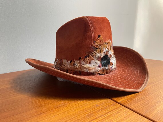Vintage Genuine Suede Leather Western Hat Rust Orange Feathers Boho Festival ?? These are soon to go up in my Etsy shop soon as I have a  main image 4