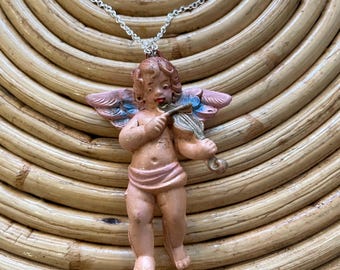 Vintage muziekketting cherubijn, gemaakt in Italië, 18 verzilverde ketting