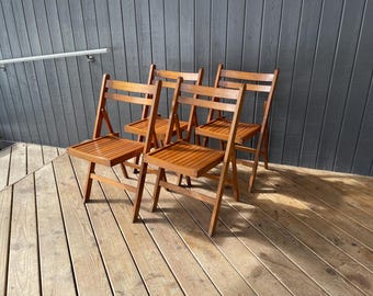 Vintage Mid Century Modern Wood Dining Folding Chairs Set of Four Made in Yugoslavia / Free US Shipping