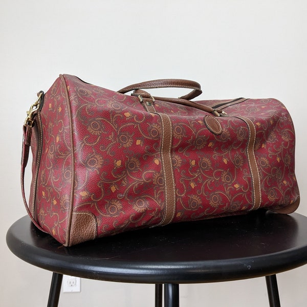 Vintage Faux Leather Trussardi Burgundy Floral Duffle Bag / Overnight Bag / Carry On / Free US Shipping