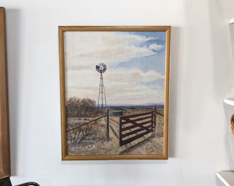 Vintage 1970's Acrylic Framed Windmill Painting / Signed Original Artwork Marian Cadman / Free US Shipping