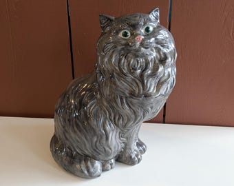 Vintage Mid Century Life-Size Ceramic Gray Persian Cat Statue / Cat Decor / Gray Cat / Mid Mod Cat / Free US Shipping