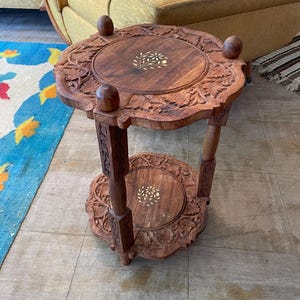 Vintage Hand Carved Wood Two Tier Side Table with Bone Inlay Design / Made in India / Free US Shipping