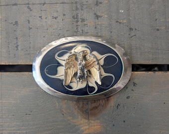 Vintage Eagle Western Belt Buckle • Blue Enamel Inlay • Hand 