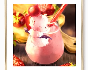 39. Final Fantasy Moogle Art Poster - Strawberry Smoothie / Cute Food Art / Art for Kitchen / Cute Final Fantasy Art / Cute Moogle Art