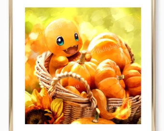 11. Pokemon Charmander Art Poster - Pumpkins / Pokemon Decor / Pokemon Wall Art / Cute Pokemon Poster / Kanto Starter Poster