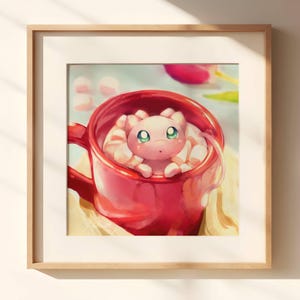 May include: A pink cartoon character with green eyes is sitting in a red mug filled with white marshmallows. The mug is on a light brown surface.