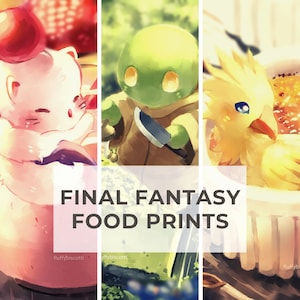 Final Fantasy Food Art Poster Set - Moogle, Tonberry, and Chocobo / Cute Food Art / Art for Kitchen / Cute Final Fantasy Art