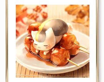 28. Natsume Yuujinchou Nyanko Sensei Art Poster - Dango / Food Poster / Cute Food Art / Art for Kitchen / Kawaii Cat / Cute Fat Cat Art