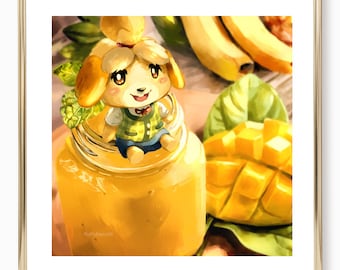 50. Animal Crossing Isabelle Art Poster - Mango Smoothie / Cute Food Art / Anime Art for Kitchen / Kawaii Animal Crossing / Cute Isabelle