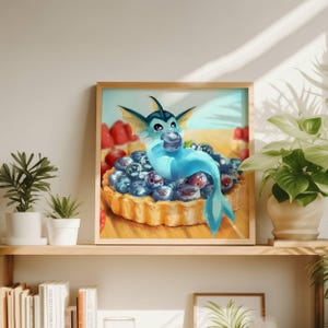 May include: A blue and white cartoon creature with a fin on its head is sitting in a blueberry tart. The tart is on a wooden surface.