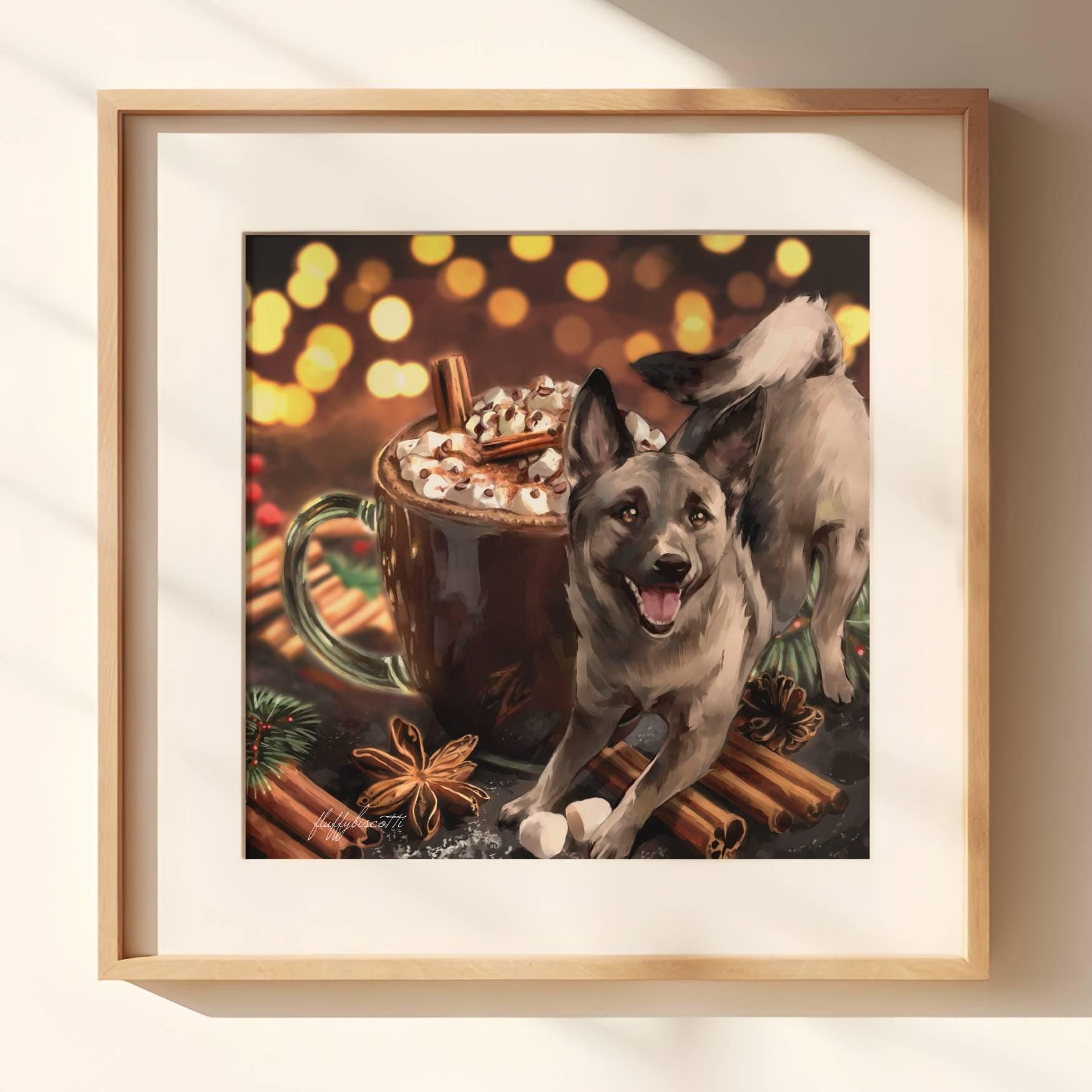 56. Norwegian Elkhound Art Poster - Hot Chocolate / Food Poster / Cute Food Art / Art for Kitchen / Kawaii Dog / Cute Dog Art
