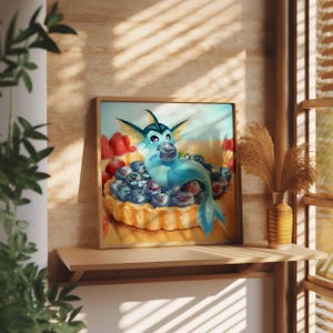 May include: A blue and white cartoon sea creature with fins and a tail is sitting in a blueberry tart. The tart has a golden crust and is filled with blueberries. The tart is on a wooden surface.