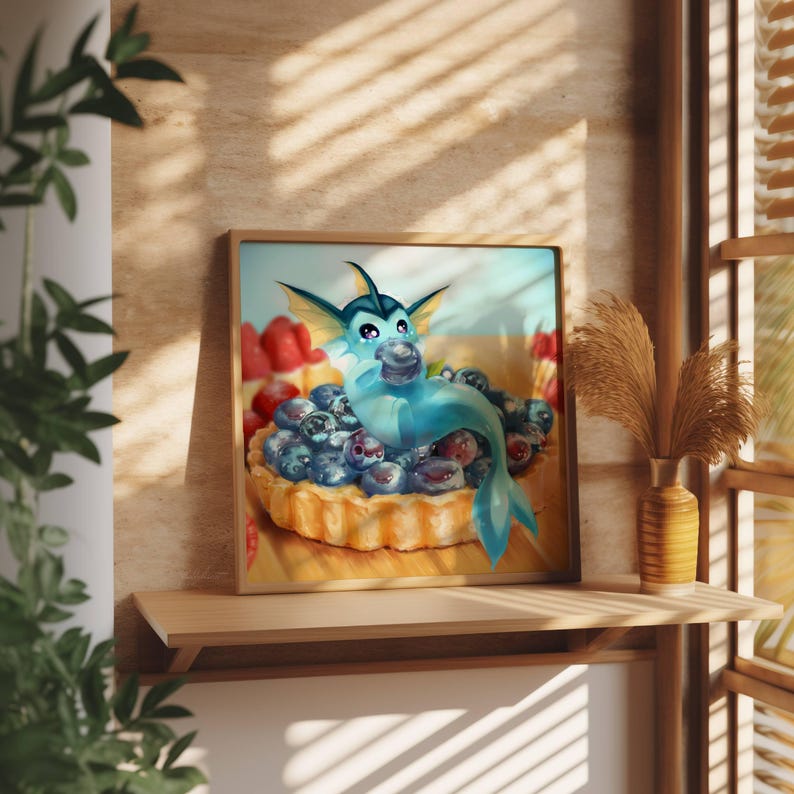 May include: A blue and white cartoon sea creature with fins and a tail is sitting in a blueberry tart. The tart has a golden crust and is filled with blueberries. The tart is on a wooden surface.