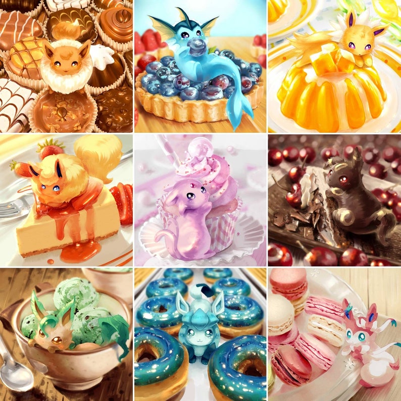 May include: A collage of nine images featuring various desserts and Pokemon characters. The desserts include cupcakes, cheesecakes, donuts, macarons, and a fruit tart. The Pokemon characters include Eevee, Vaporeon, and a few others.