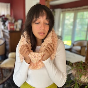 Hand knitted infinity scarf, scowl, pastel multicolor peaches and cream