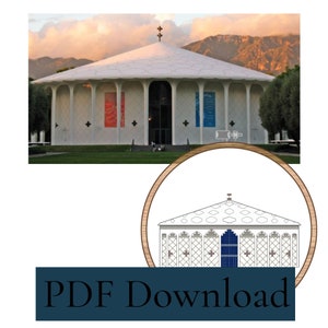 May include: A white, mid-century modern building with a patterned roof and arched columns. The building has large windows and colourful banners. A circular illustration of the building is in a wooden frame. The text "PDF Download" is below.