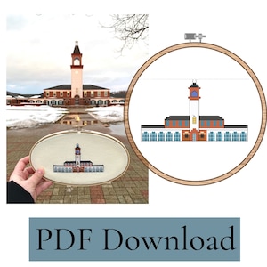 May include: An embroidered cross-stitch of a building with a tall tower, held in an oval hoop. The building is red brick with blue and white accents. The image also shows the real building and the text "PDF Download".