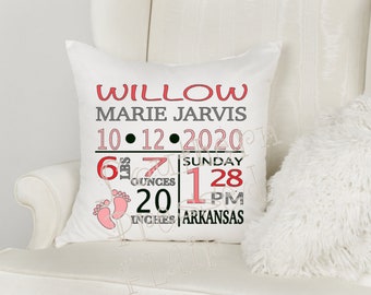 Personalized Birth Stats Baby Pillow Cover-16x16 Nursery Pillow Cover-Birth Stats Throw Pillow, Custom Baby Pillow Cover