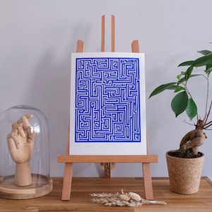 Dekoratives Poster, Ebene 1, Original-Linolschnitt, blaues Poster, A4-Poster, handgefertigter Druck, Labyrinth, blaue Wanddekoration