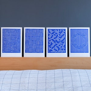Set of 4 original linocuts, Blue illustration, A4 poster, Labyrinth, Graphic wall decoration, Signed art print, Game poster